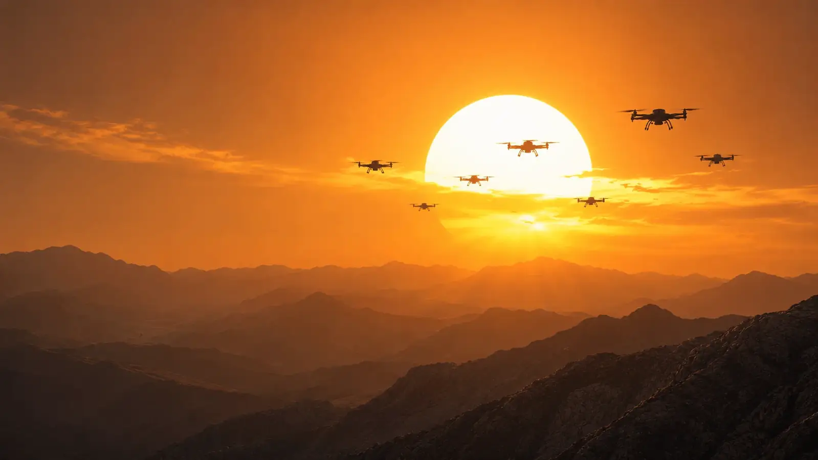 A formation of drones flying over mountains at sunset